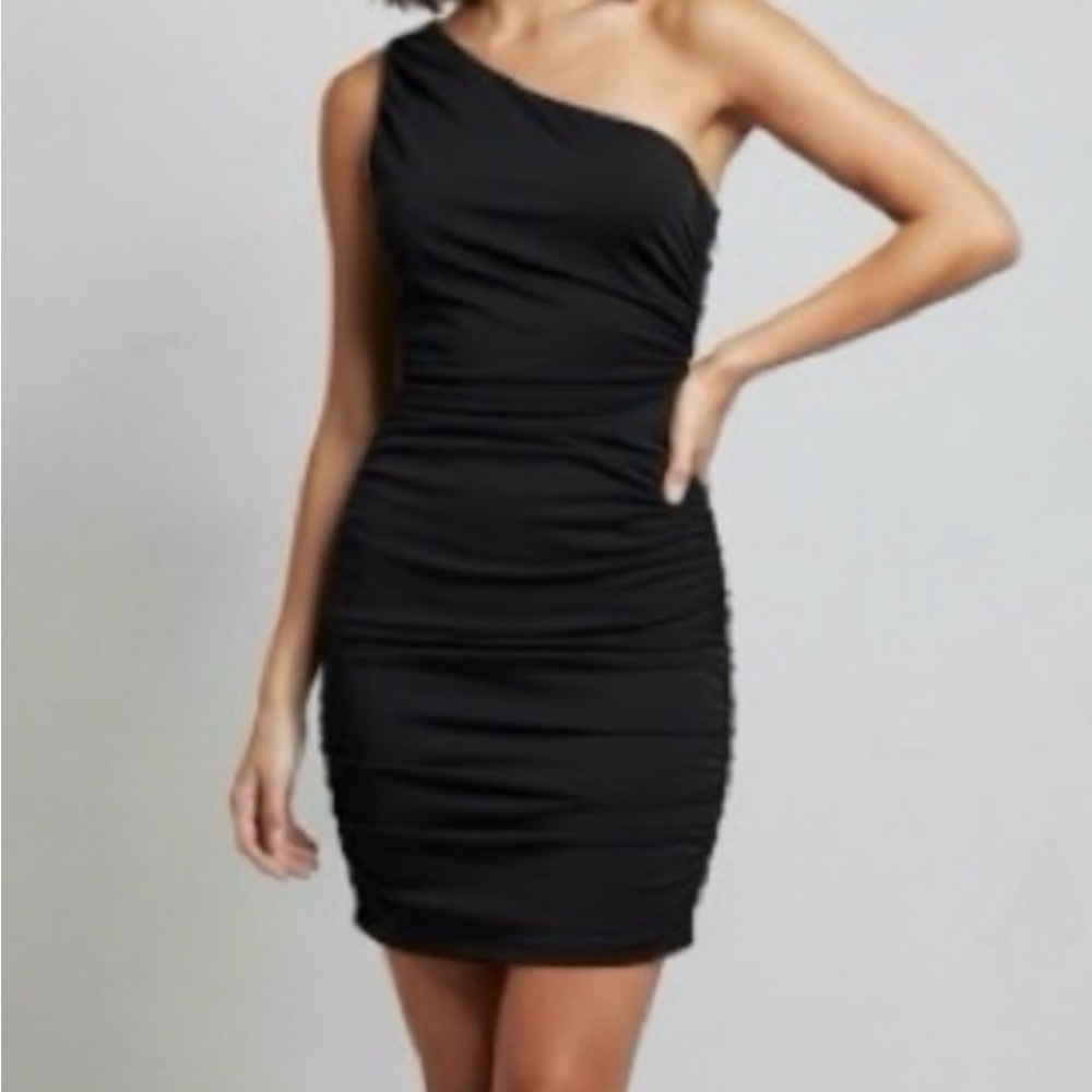 Express Black One-Shoulder Ruched Bodycon Dress